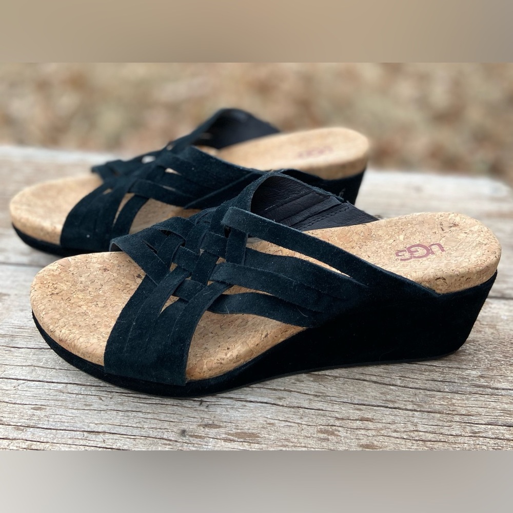 UGG Lilah Black Wedge Suede Slip On Slides Sandals Shoes Sz 9 NEW